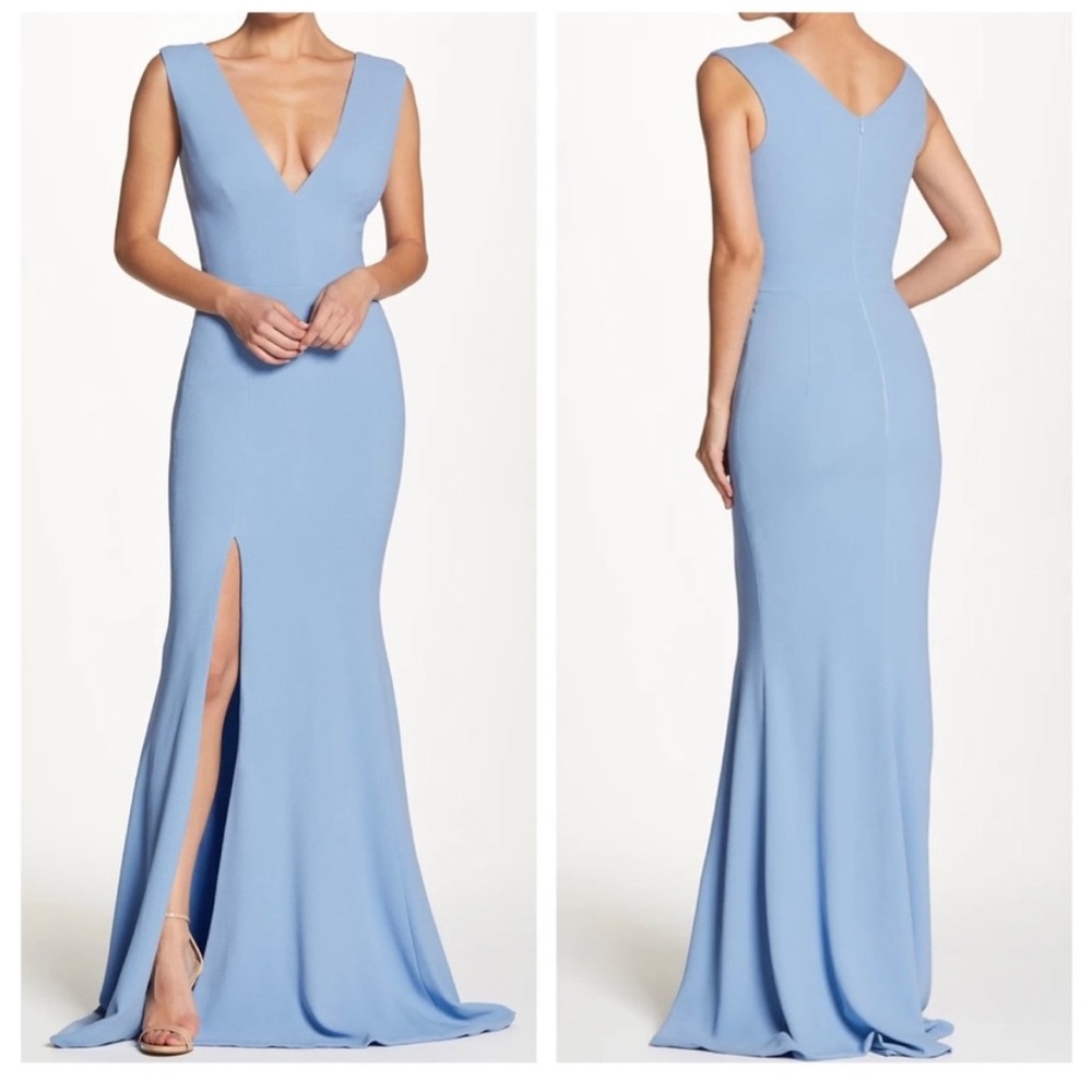 Sandra Plunge Crepe Trumpet Gown Ice Blue